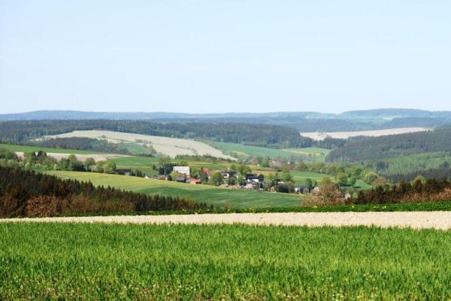 Blick über die Felder auf Freiberg